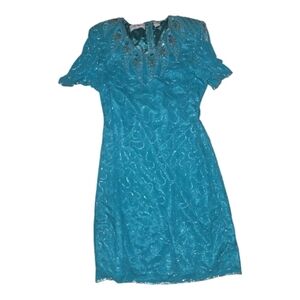 Vintage Silky Nites Turquoise Beaded Silk Short Sleeve Dress Size PL